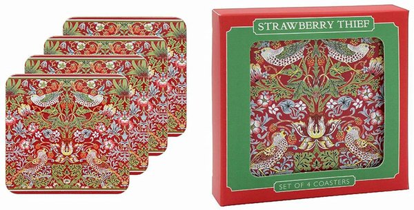 Set of 4 Melamine Cork Backed William Morris Red Strawberry Thief Coasters