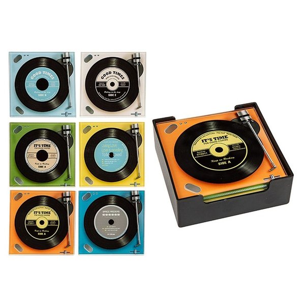 Set of 6 Retro Square Glass Record Label Coasters in a Storage Case