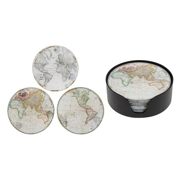 Set of 6 Round Glass World Map Coasters in a Storage Case